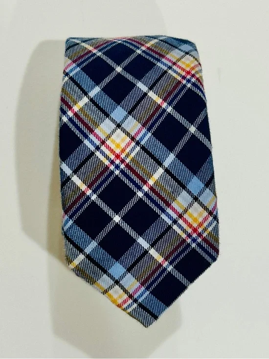 Penguin by Munsingwear Navy Blue Plaid Tie with White, Yellow, and Red Lines