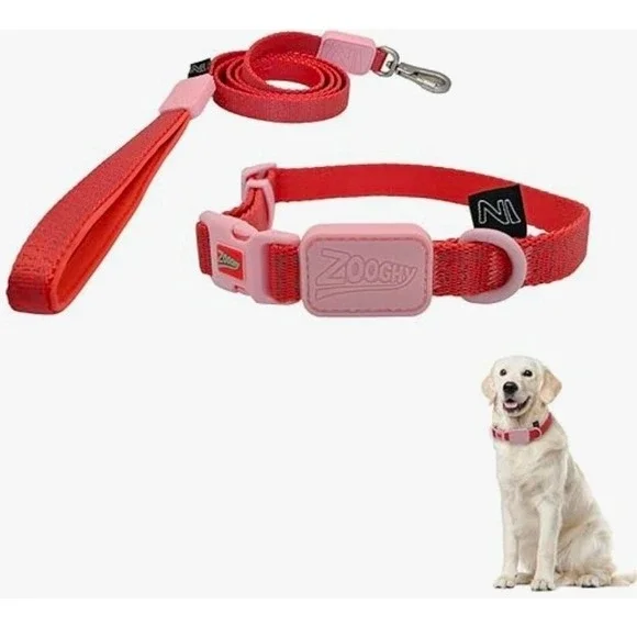 ZOOGHY Reflective Dog Collar and‎ Leash Set Red Pink Adjustable Padded Handle