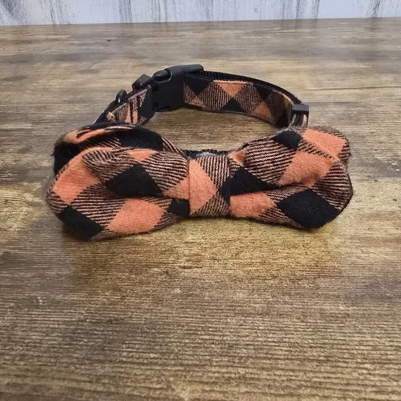 Azuza Plaid Bow Tie Collar For Dogs Black and Orange Size Medium