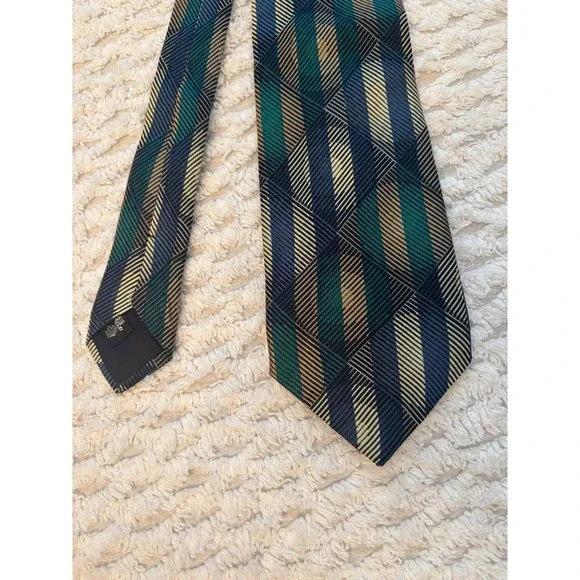 Molteni Gabriele Mens Silk‎ Tie Geometric Diamond Pattern Green Blue Gold Italy