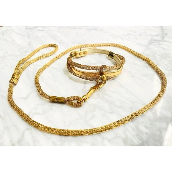 Vintage Gold Mesh Rhinestone Collar & Leash Set