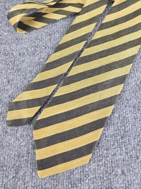 Ermenegildo Zegna Silk Linen Striped Tie Muted Gold Charcoal Grey Made In Italy