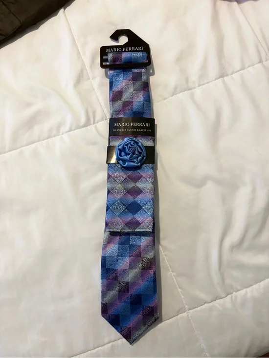 Mario Ferrari Tie Set Blue Purple Geometric Tie Pocket Square & Lapel Pin