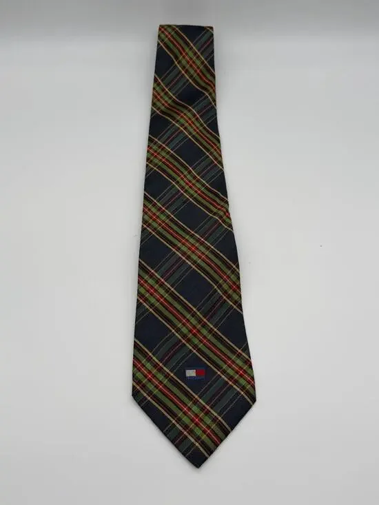 Tommy Hilfiger Mens Tie Plaid Tartan Flag Logo Silk Necktie Multicolor