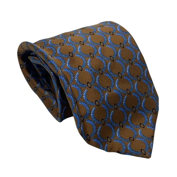 Brioni Men's Handmade Silk Tie Brown Blue Circle Leaf Design Designer‎ Necktie