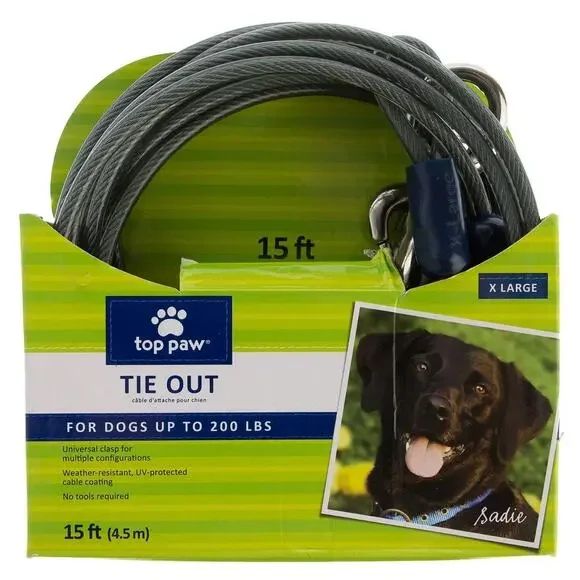 Top Paw‎ 15' Dog Tie Out Black Gray XL X-Large Adjustable 200 lbs Outdoor NWT