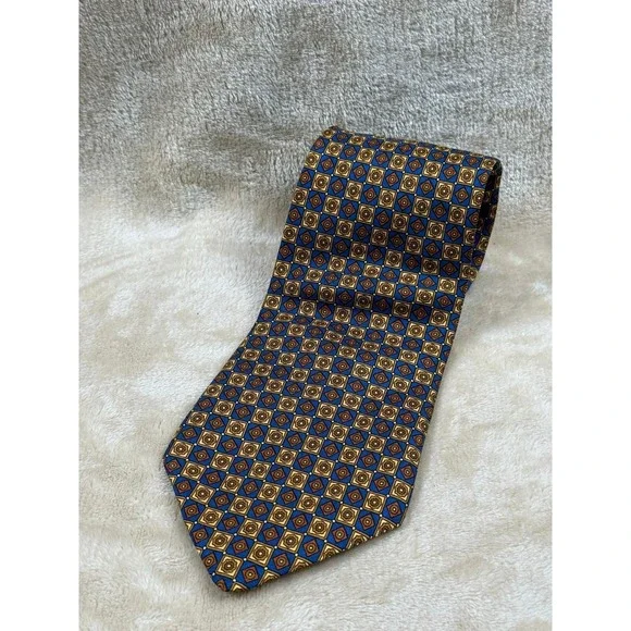 Brooks Brothers Makers Silk Necktie Blue Gold‎ Geometric Men's Dress Tie