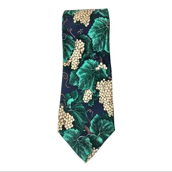 Robert Talbott Silk Tie Green & Cream Grape Leaves Tropical Print