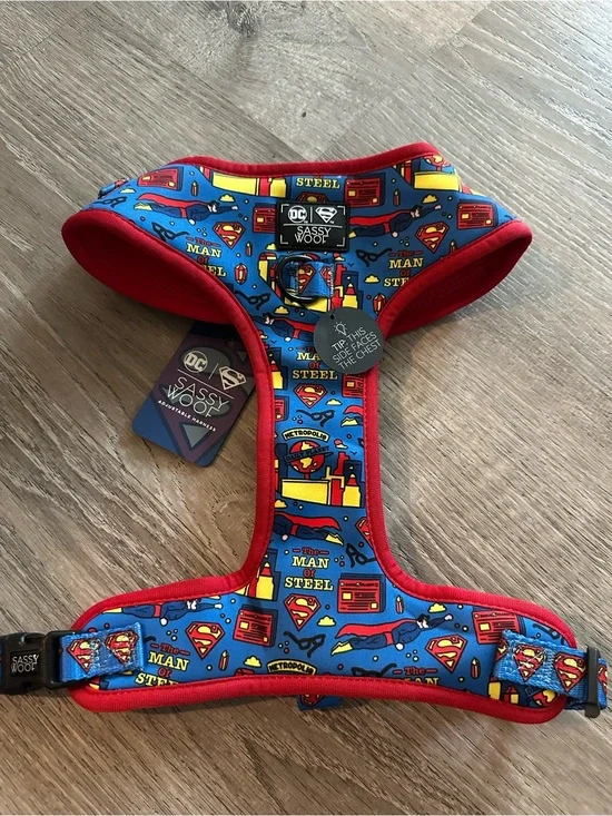 Sassy Woof DC Comics Superman Blue & Red Dog Harness XL