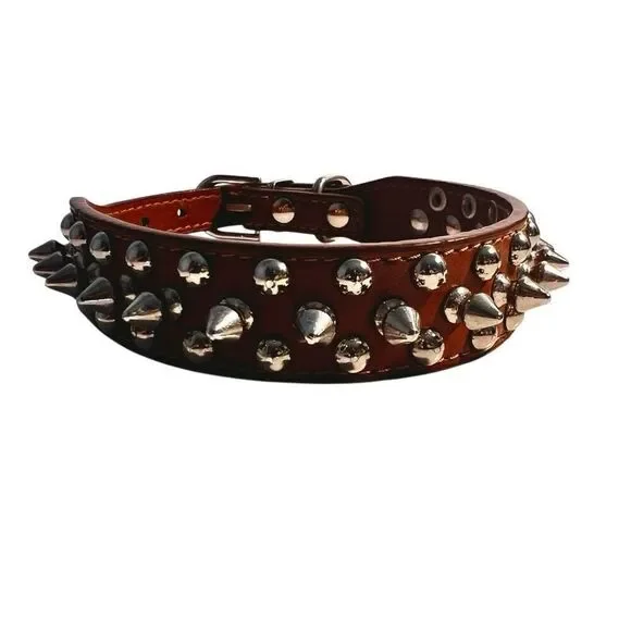 Triple Threat Light Brown Leather Silver Metal Spiked Studded Dog Collar