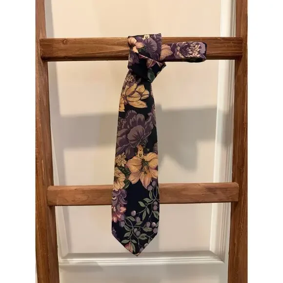 Vintage Disney Hidden Mickey Floral Silk Tie Navy Purple Green Park Exclusive