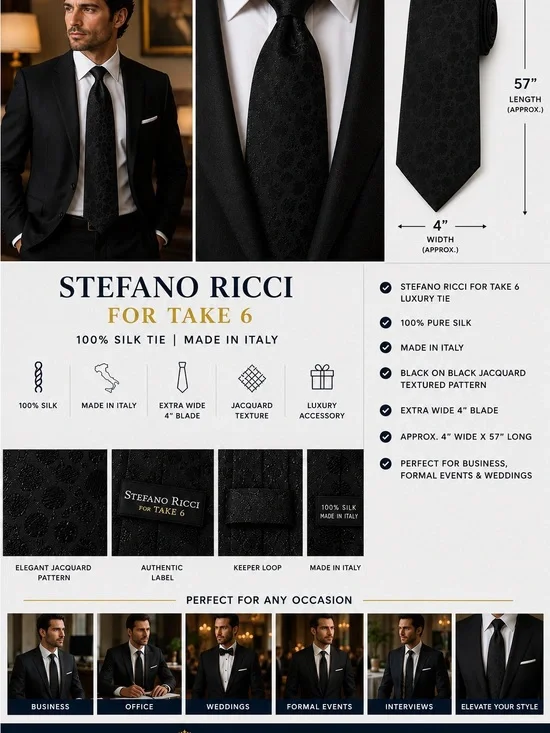 Stefano Ricci for Take 6 Black Silk Jacquard Tie Made in Italy 4