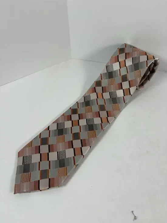 John Ashford Silk Blend Geometric Plaid Neck Tie Tan Gray Brown Stain Resistant