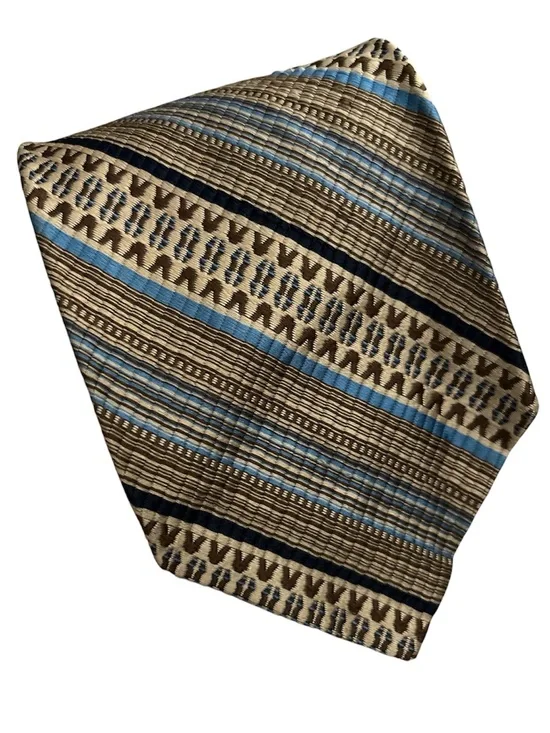 Christian Dior Patterned Silk Tie in Beige, Blue & Black Vintage