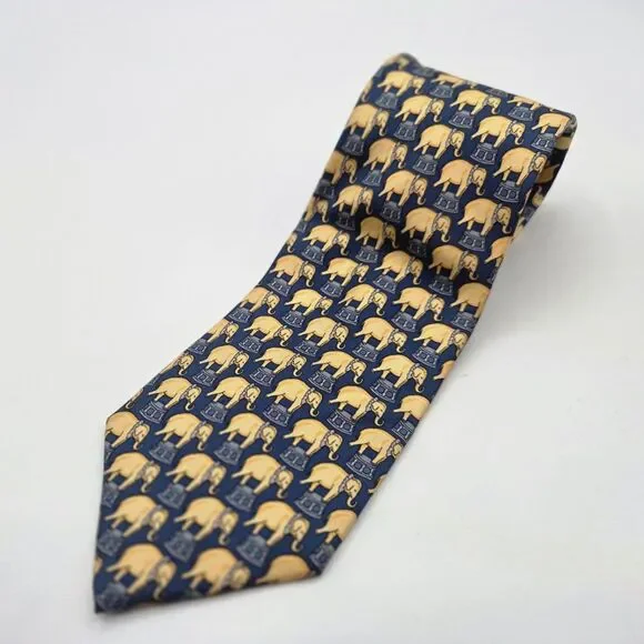 Jos A Bank Executive Extra Long Silk Tie Navy Blue Circus Elephant Animals USA