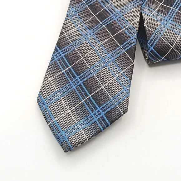 Croft & Barrow Plaid Tie Mens 59” Blue Gray Designer Classic Preppy Office New