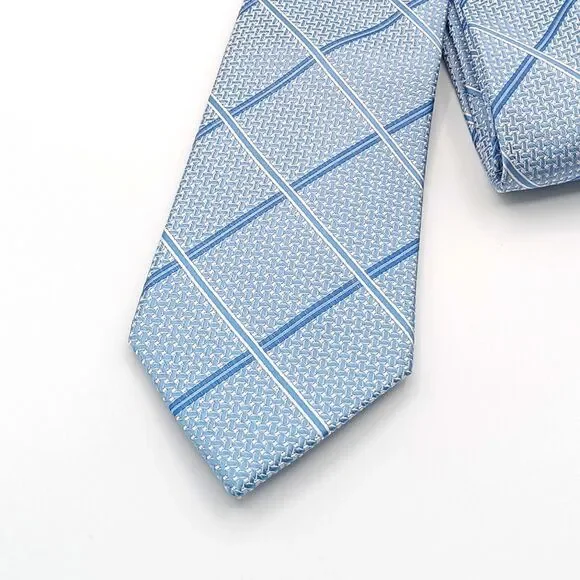 Pronto Uomo Silk Tie Mens Long 62” Sky Blue Plaid Herringbone Classic New
