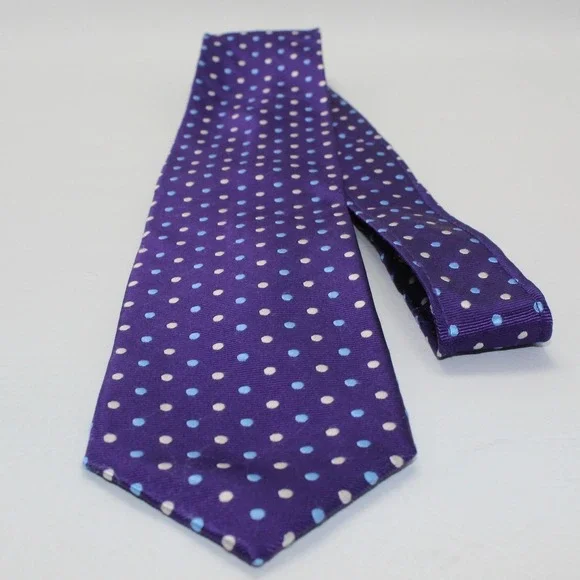 Roundtree & Yorke Purple Polka Dot Silk Tie Handmade Blue White Dots Mens