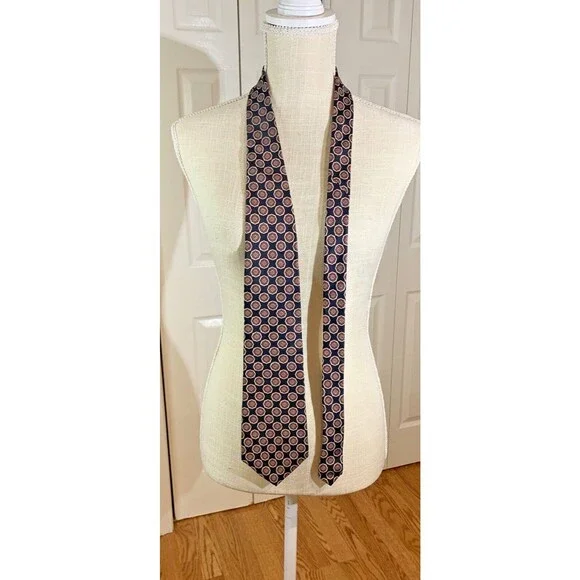 Vintage Aquascutum London Black with burgundy & ivory Geometric Circles NeckTie