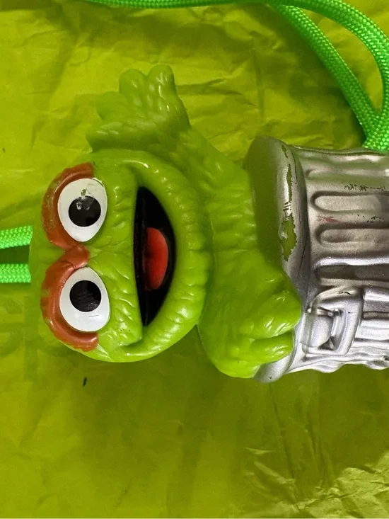 Green Oscar the Grouch Figure Pendant - Silver Trash Can Accent Bolo Tie