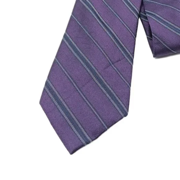 Awearness Kenneth Cole Tie Mens 60” Purple Gray Stripe Silk Blend Skinny New