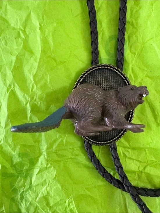 Novelty Beaver Bolo Tie in Brown and Teal