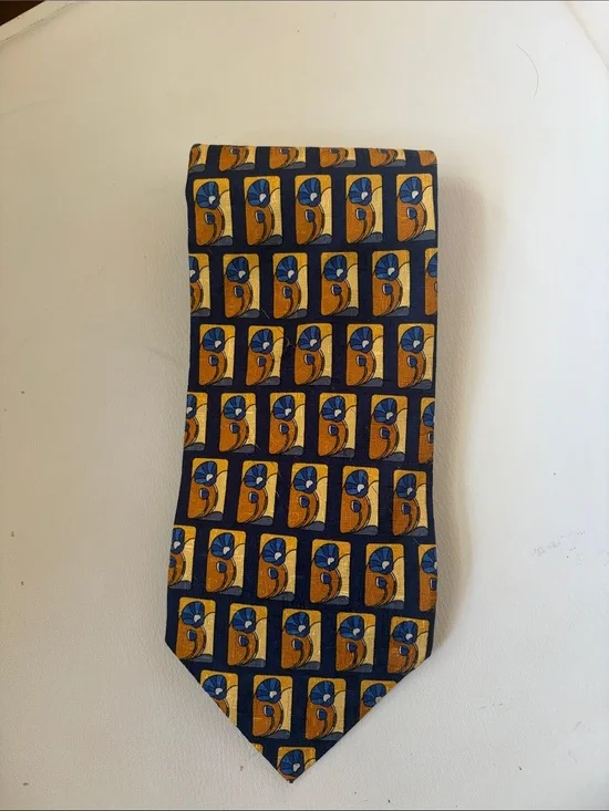 Ermenegildo Zegna Navy and Gold Patterned Silk Tie
