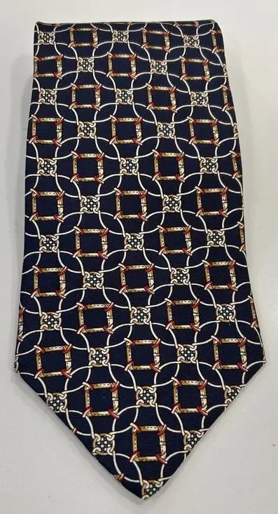 Boston Harbor Men’s Silk Navy Tie Horsebit Bridle Chain Pattern 3.75” Horse EUC