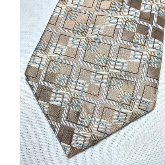 Murano Extra Long Mens Silk Tie Geometric Pattern Brown Blue Silver
