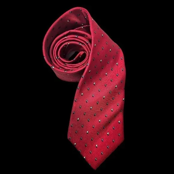 60s Christian Dior Red Silk Necktie Small Gray Pattern 3.25 