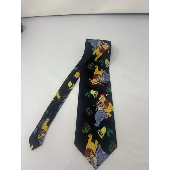 Vintage 1990 Disney Winnie the Pooh & Eeyore Christmas Holiday Novelty Tie Black