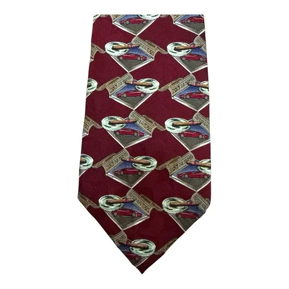 Prestige Silk Magazine Panel Tie Classic Car Cigar Ashtray Maroon 57.5 x 4 USA