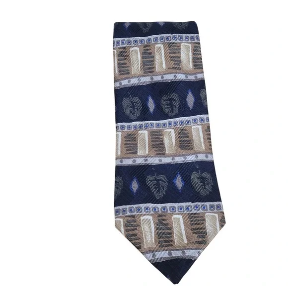 Robert Talbott Melvins Mens Silk Tie Navy Blue Tan Geometric Leaf Print Italy
