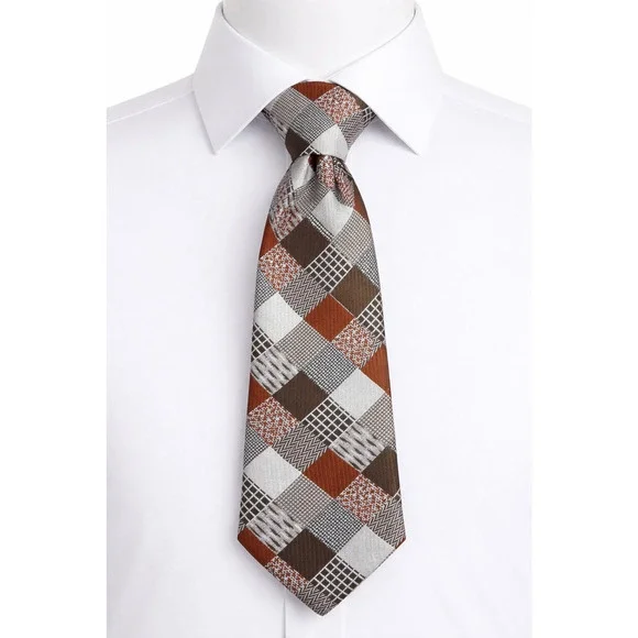 Geometric Patchwork Brown Rust Gray Wide Necktie Retro Mod Designer Collection