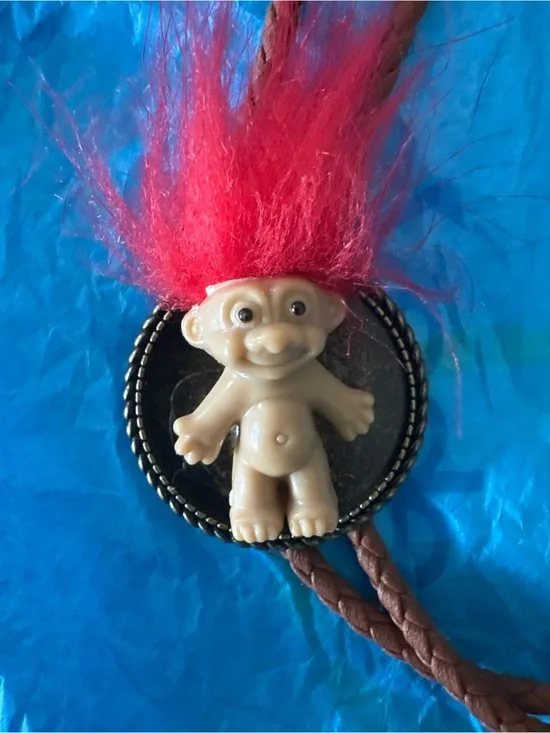 Vintage-Inspired Troll Doll Pendant with Bright Red Hair Bolo Tie