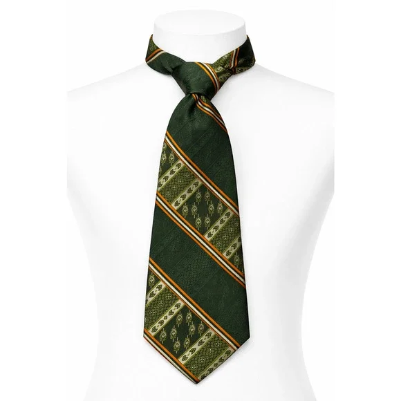 Vintage Green Jacquard Stripe Medallion Necktie Classic Mens Dress Tie One Size