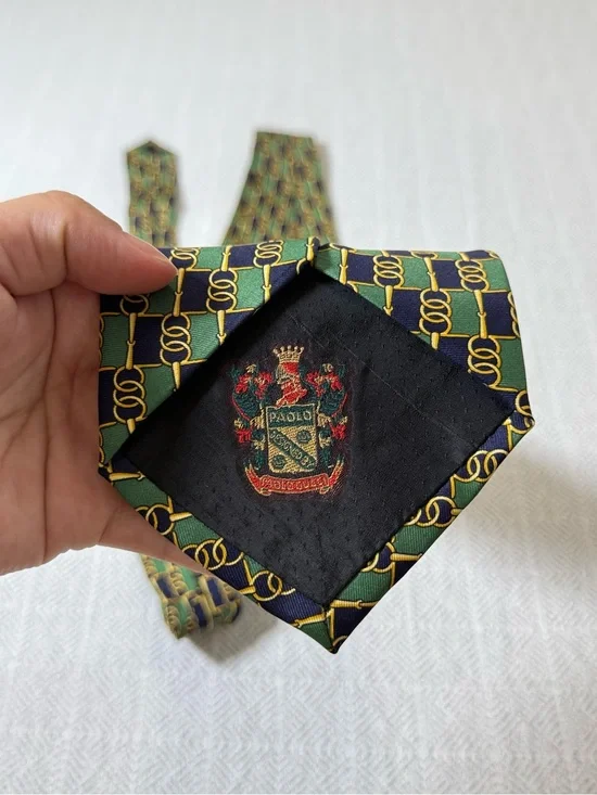 Vintage Paolo Gucci Geometric Logo Woven 100% Silk Tie Green/Navy/Gold One Size