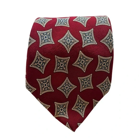 Liberty of London Silk Necktie Mens Burgundy Red Geometric Diamond Classic Tie