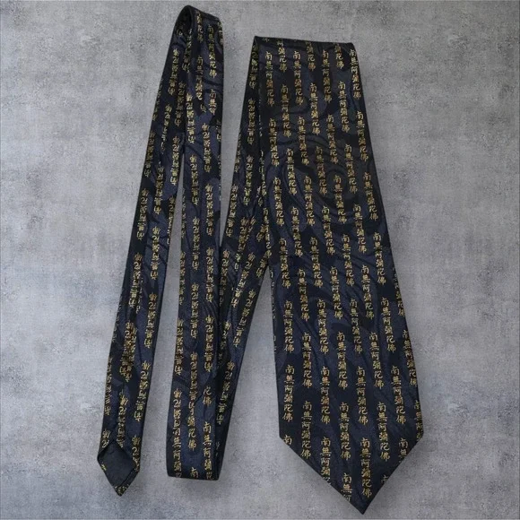 Montebello Handmade Italy Tie Blue Gold Asian‎ Script Pattern Silk Necktie