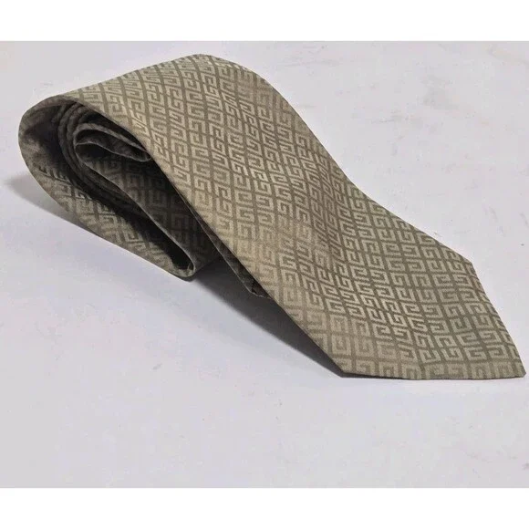 Givenchy Paris Neck Tie Monogram 100% Silk Yellow Tan Business Formal Dress