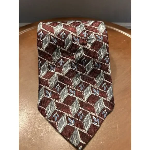 Geoffrey Beene Silk Tie Geometric‎ Pattern Burgundy Gray Blue Mens Formal