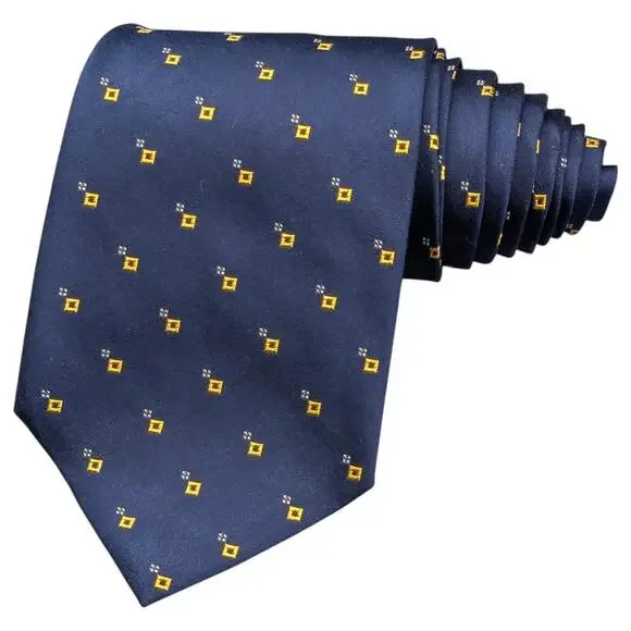 Lauren Ralph Lauren Tie Mens Classic Blue Yellow Foulard Silk Embroidered‎ 56.5
