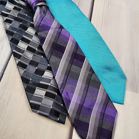 3 Men's Neck Tie Lot 100% Silk Kenneth Cole, Blend Perry Ellis Purple Gray Teal‎