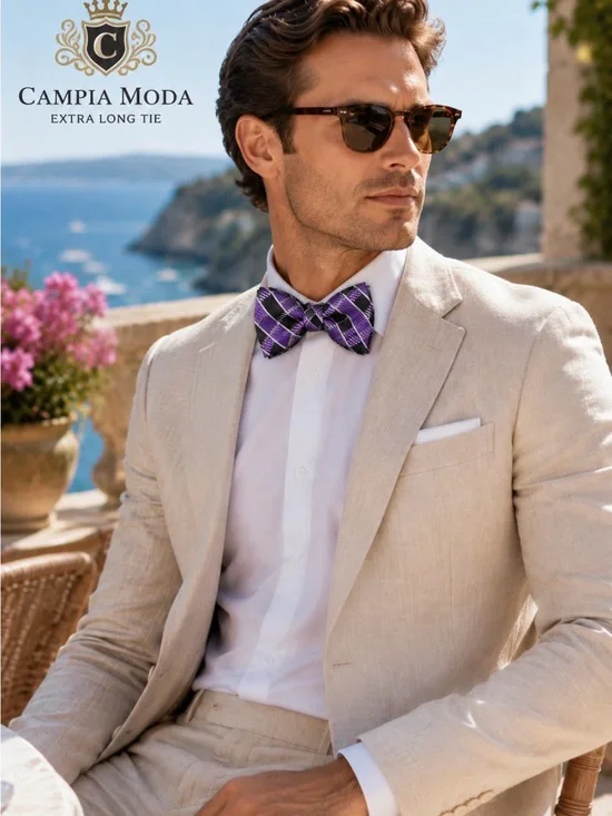 Campia Moda 100% Silk Extra-Long Gentleman’s Tie – Purple & Black Classic Check