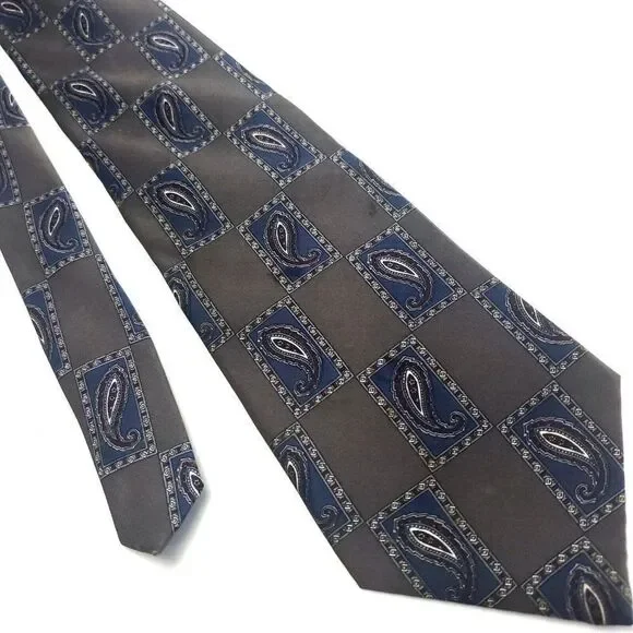 Henry Grethel Gray Blue Silk‎ Tie Woven Geometric Wide