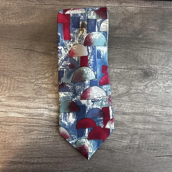 JT Beckett Tie Silk Mens Classic Wide Navy Blue‎ Red Geometric Modern Print USA
