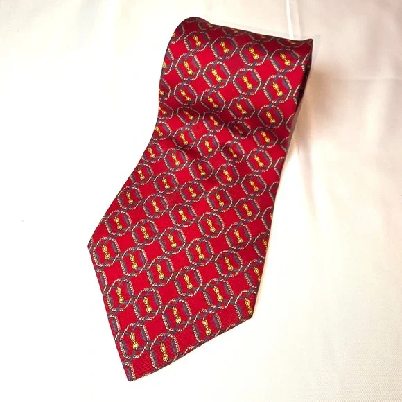 Savile Row Mens Silk Necktie Burgundy Red Equestrian Geometric Rope‎ Bit Pattern
