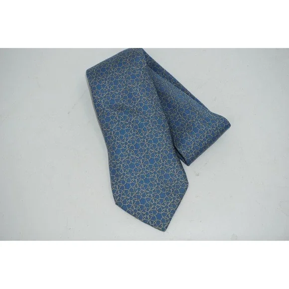 Hermes Paris Tie Mens Blue Geometric Interlocking‎ Rings 100% Silk Rope Pattern