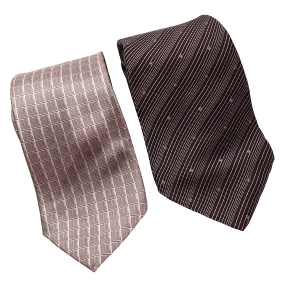 DKNY Silk Neckties Lot of 2, Striped & Grid Pattern, Grau Black Mens Fashion Tie
