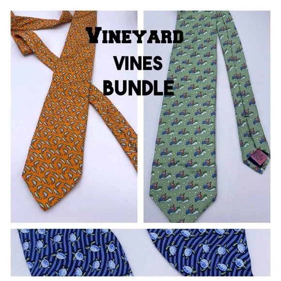 Vineyard Vines Tie Bundle of‎ 3, 2 ties, 1 bow tie, Silk, Trout, Santa, Turtle